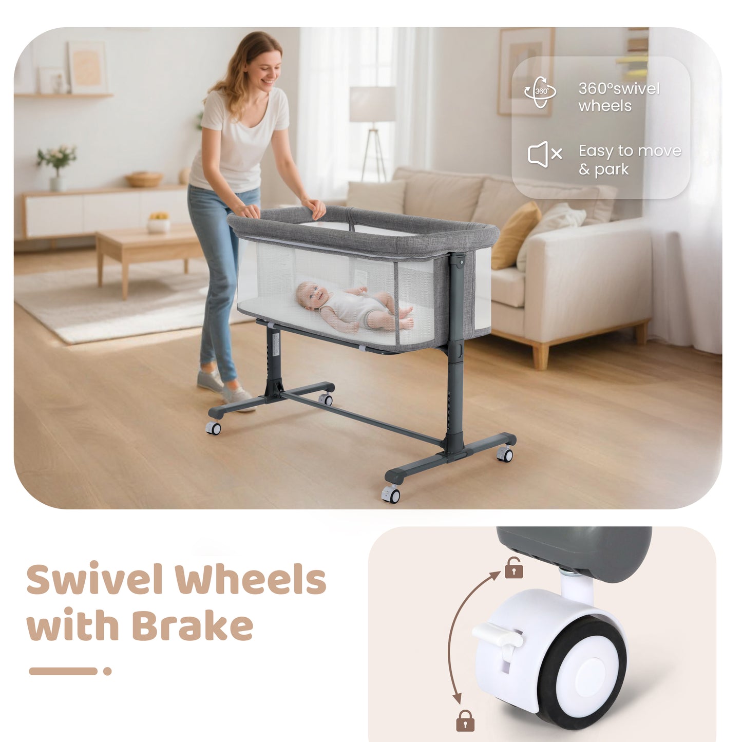 AILEEKISS Baby Bassinet Bedside Sleeper, Height Adjustable Newborn Baby Bassinet with Wheels, Grey