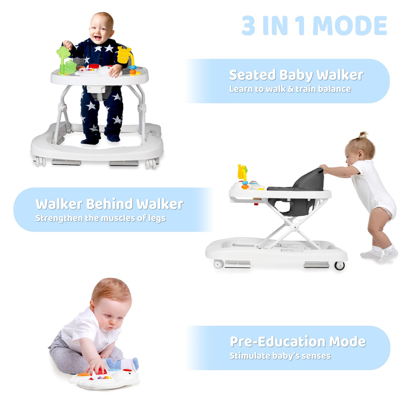 2 in 1 Folding Baby Walker Adjustable Height & Speed, Kids Baby Walker with Wheels & Music Toys, Grey