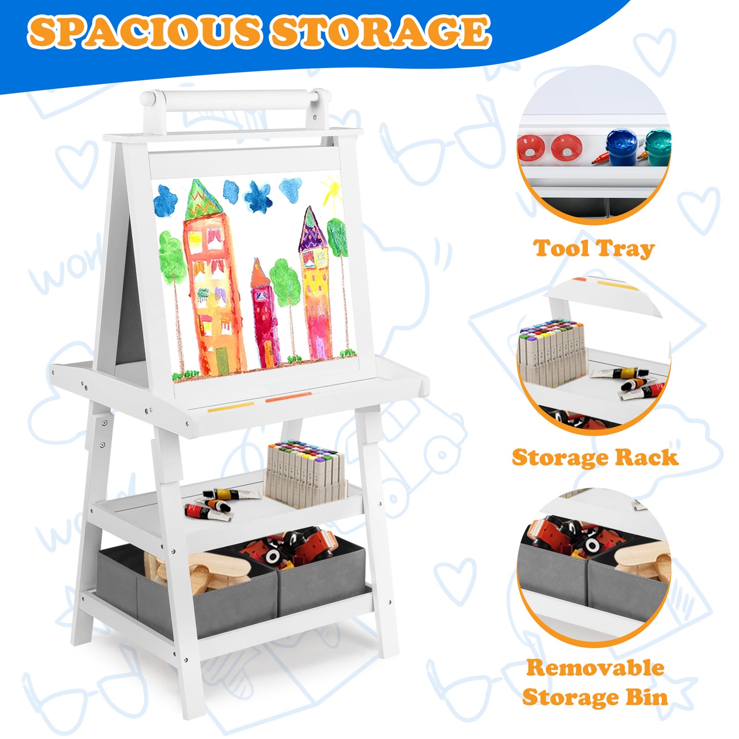 AILEEKISS 3 in 1 Kids Art Easel Drawing Board Double-Sided Whiteboard Chalkboard, White
