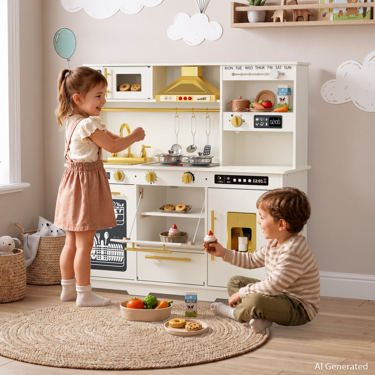 AILEEKISS Kids Toy Kitchen for Children, Pretend Kids Play Kitchen Set with Cooking Accessories, White