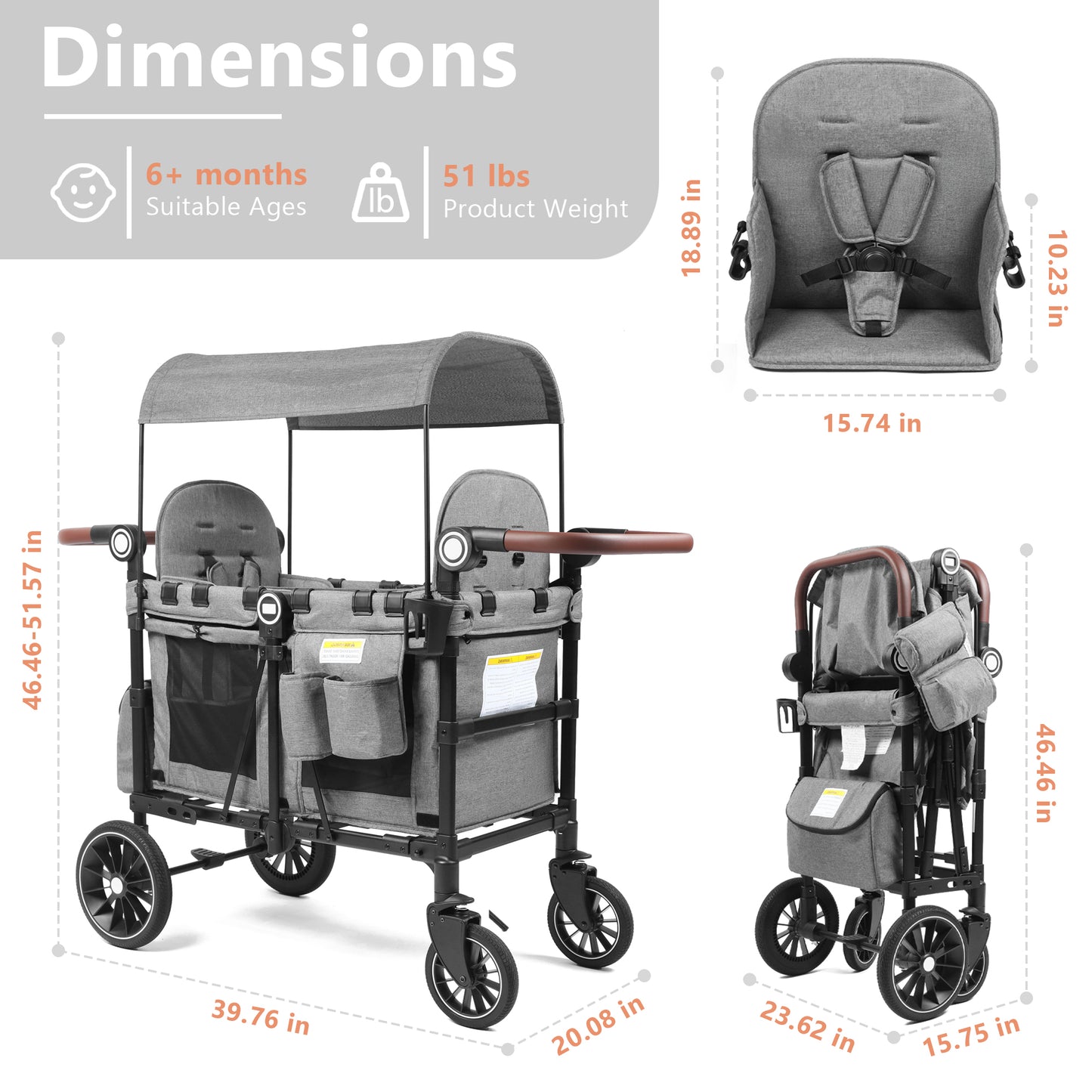 AILEEKISS Stroller Wagon for 2 Toddlers with Canopy, All-Terrain Baby Wagon Stroller,55 Pounds, Grey