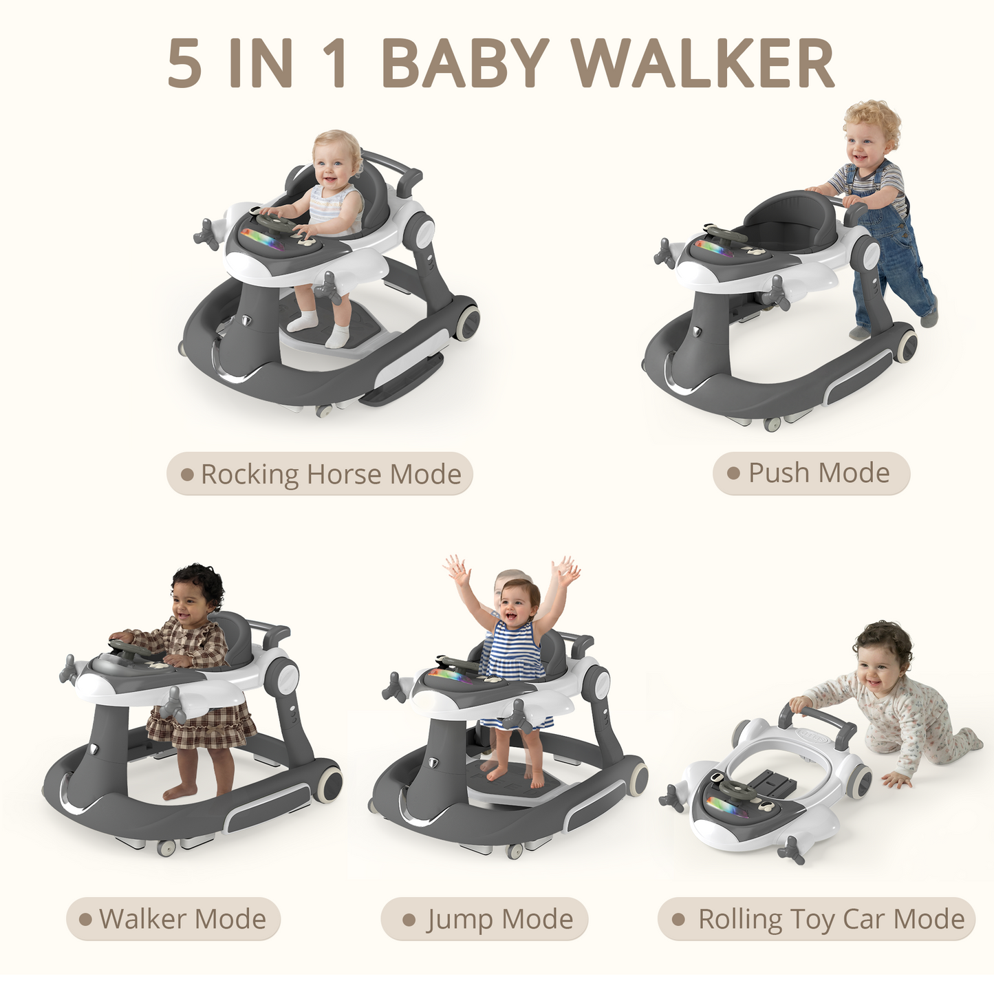 AILEEKISS 5-in-1 Musical Baby Walker with Wheels, Foldable Baby Walker for Boys Girls, Gray