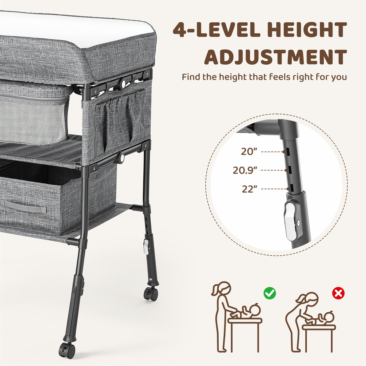 AILEEKISS Baby Diaper Changing Table, Waterproof Folding Changing Station with 2 Drawers, Grey