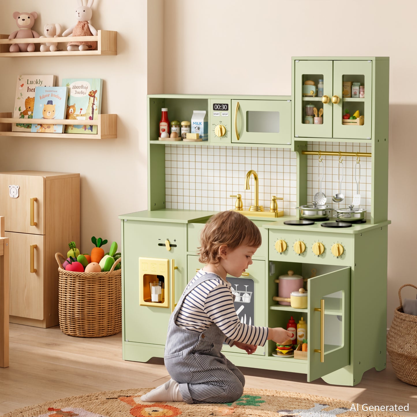 AILEEKISS Kids Kitchen Playset for Children, Realistic Pretend Kitchen Toy with Ice Maker, Green