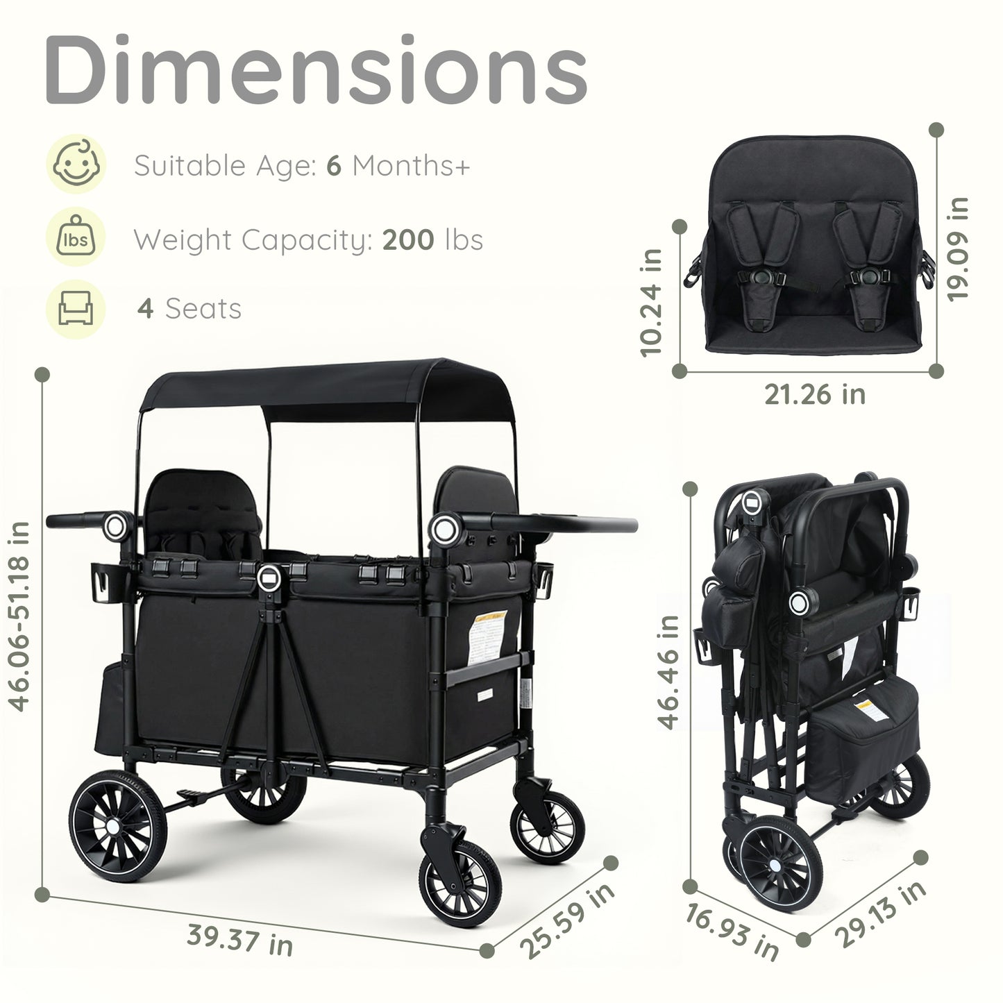 LINLUX 2 Kids Wagon Stroller, Foldable Outdoor 2-Seat Stroller Wagon, Removable Canopy, 55 Pound, Black