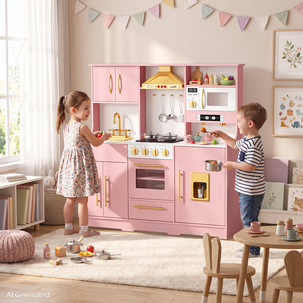 AILEEKISS Wood Kids Play Kitchen, Pretend Kitchen Playset for Children Age 3 Years up, Pink