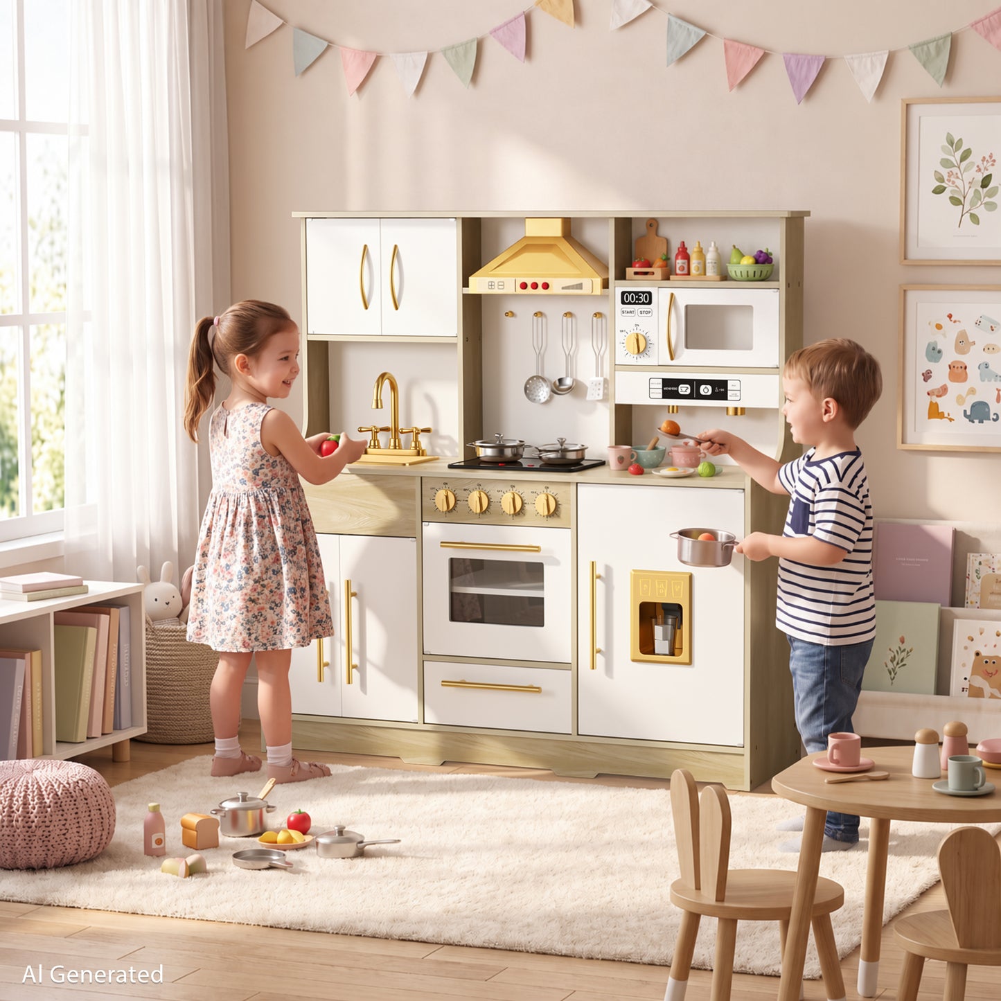 AILEEKISS Wood Kids Play Kitchen, Pretend Kitchen Playset for Children Age 3 Years up, Grain