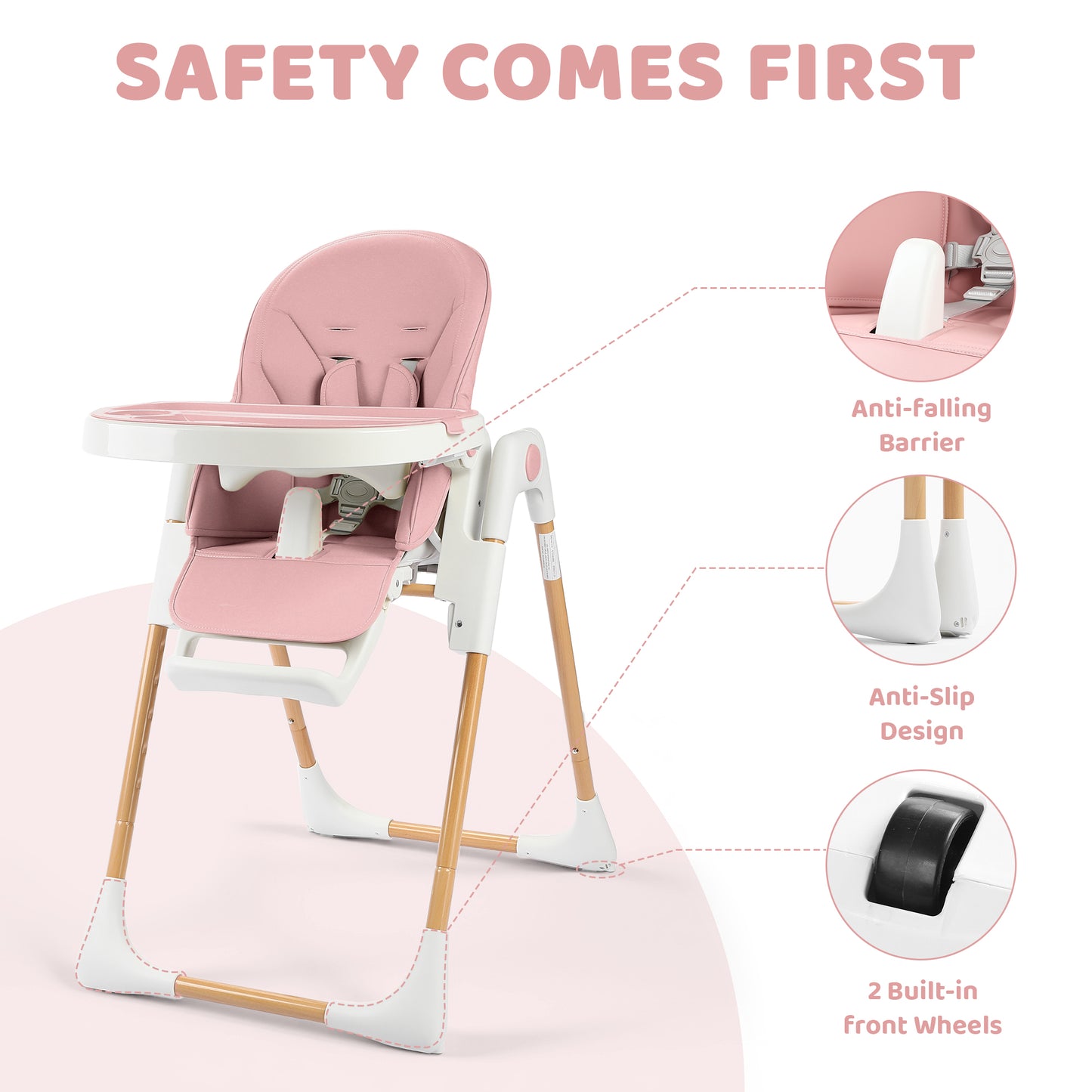 AILEEKISS Foldable High Chair for Baby, Toddler Eating Chair with Detachable Double Trays, Natural Pink