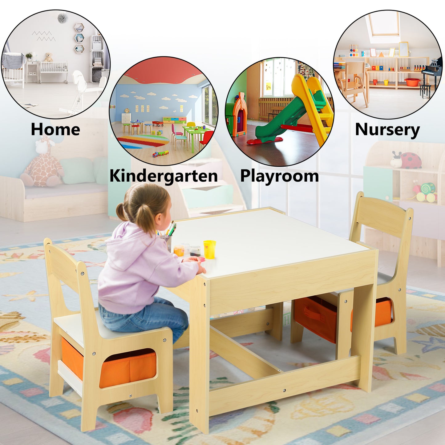 3 in 1 Kids Wood Table & 2 Chairs Set Children Activity Table w/Storage, Natural