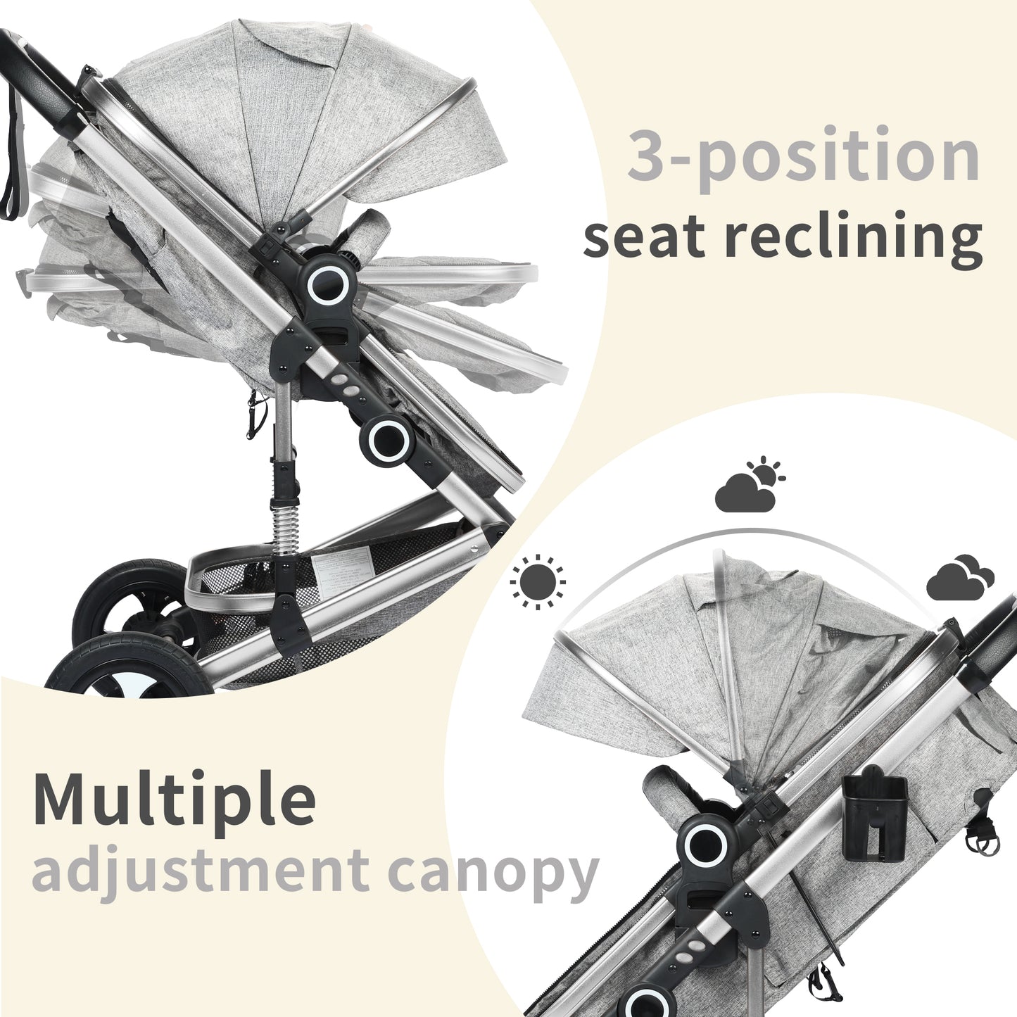 AILEEKISS 3 in 1 Convertible Baby Stroller, Unisex Folding Newborn Stroller with Big Seat, Light Grey