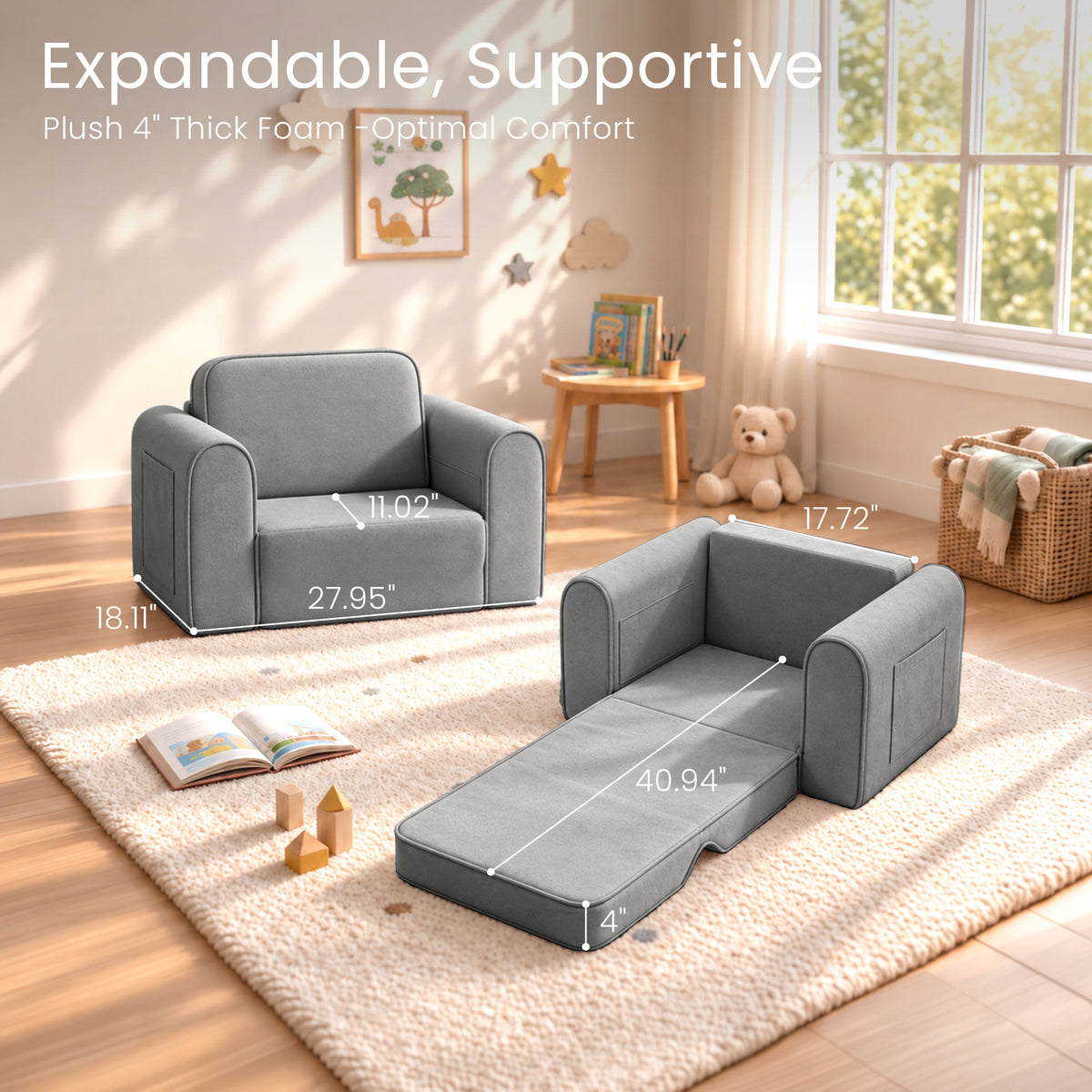 AILEEKISS 2-in-1 Toddler Sofa Chair, Foldable Kids Couch Flip Open Bed for Playroom, Grey