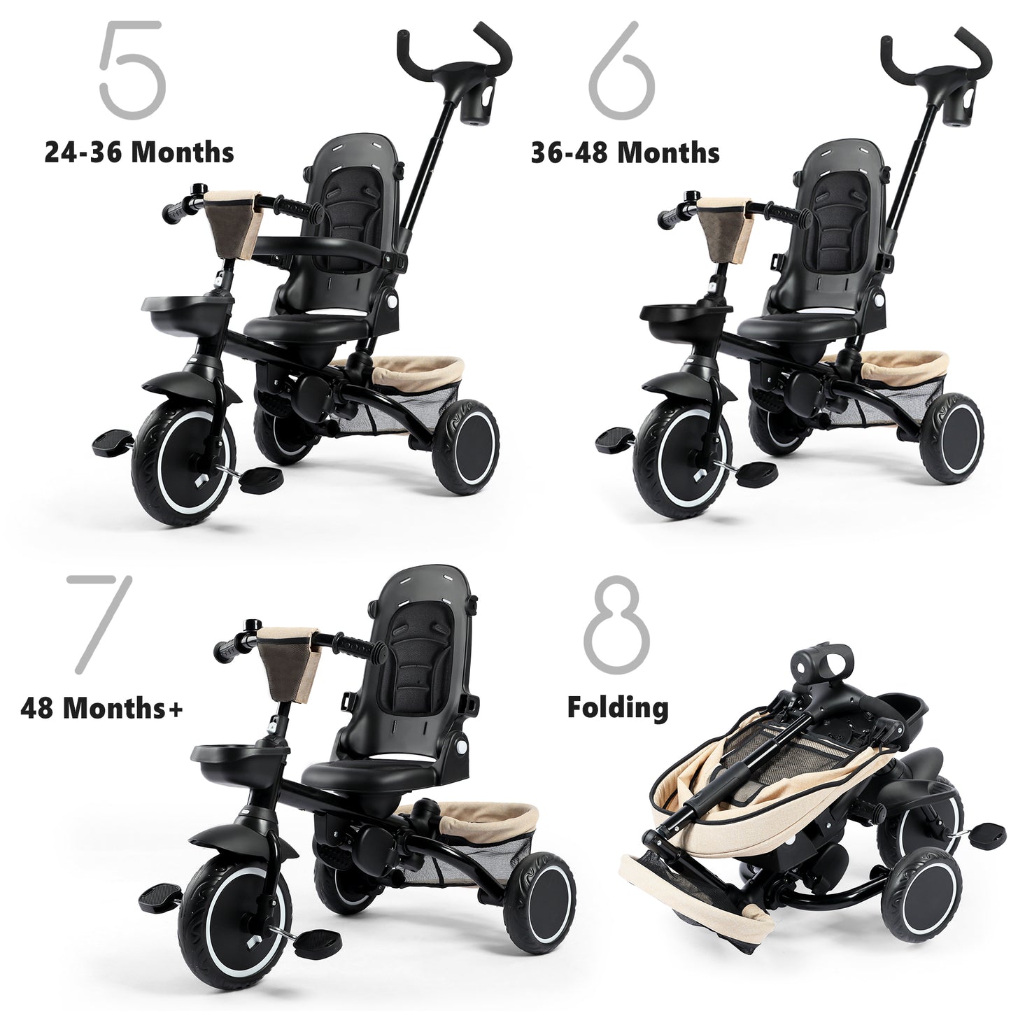 AILEEKISS 8-in-1 Kids' Tricycle Stroller, Folding Toddler Bicycle Unisex Ride Trike 1-6 Years, Khaki