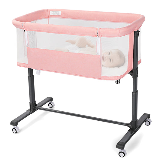 Baby Bassinet Bedside Sleeper, Height Adjustable Newborn Baby Bassinet with Wheels, Pink