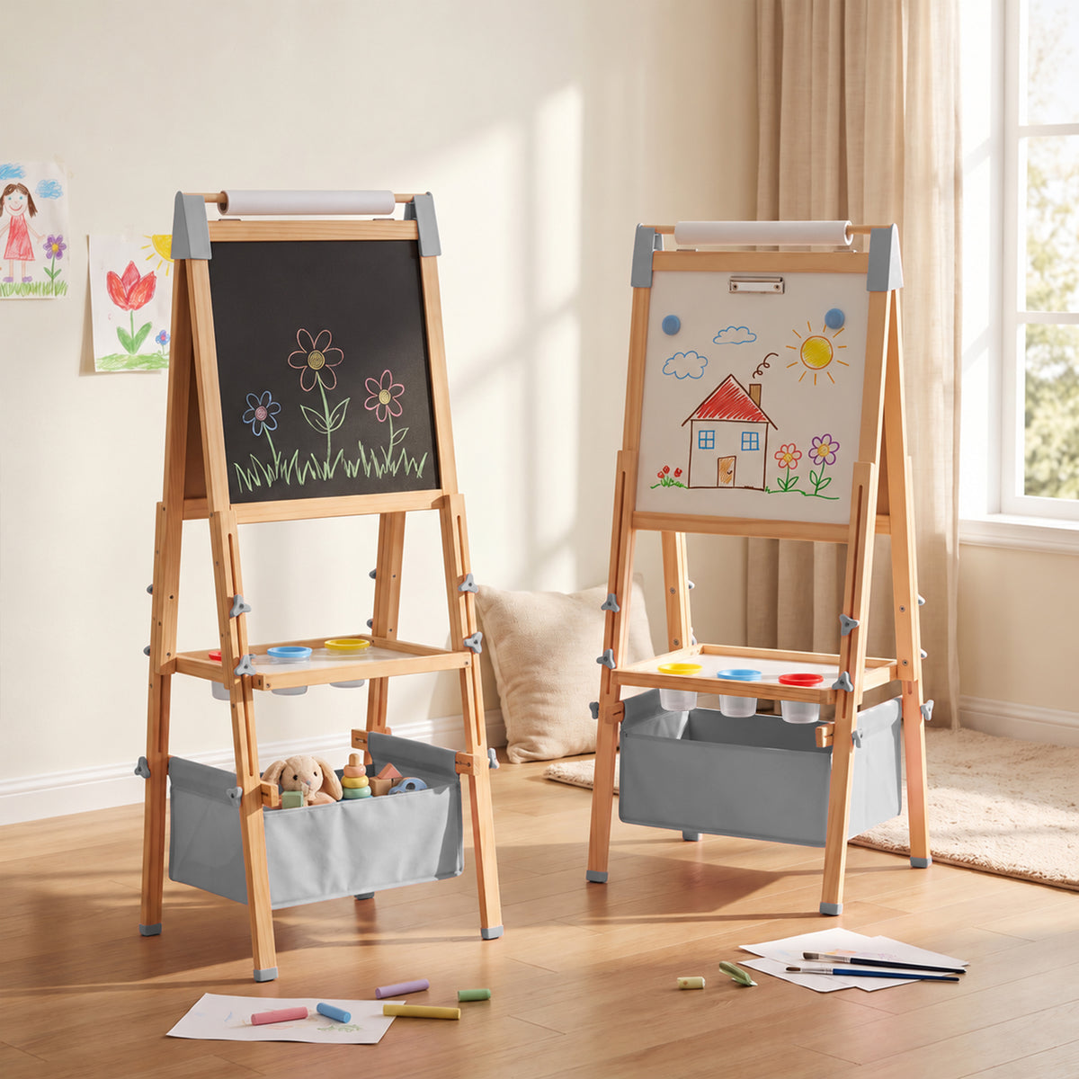 AILEEKISS Kids Art Easel Double-Sided Art Easel with Whiteboard and Chalkboard for Painting, Grey