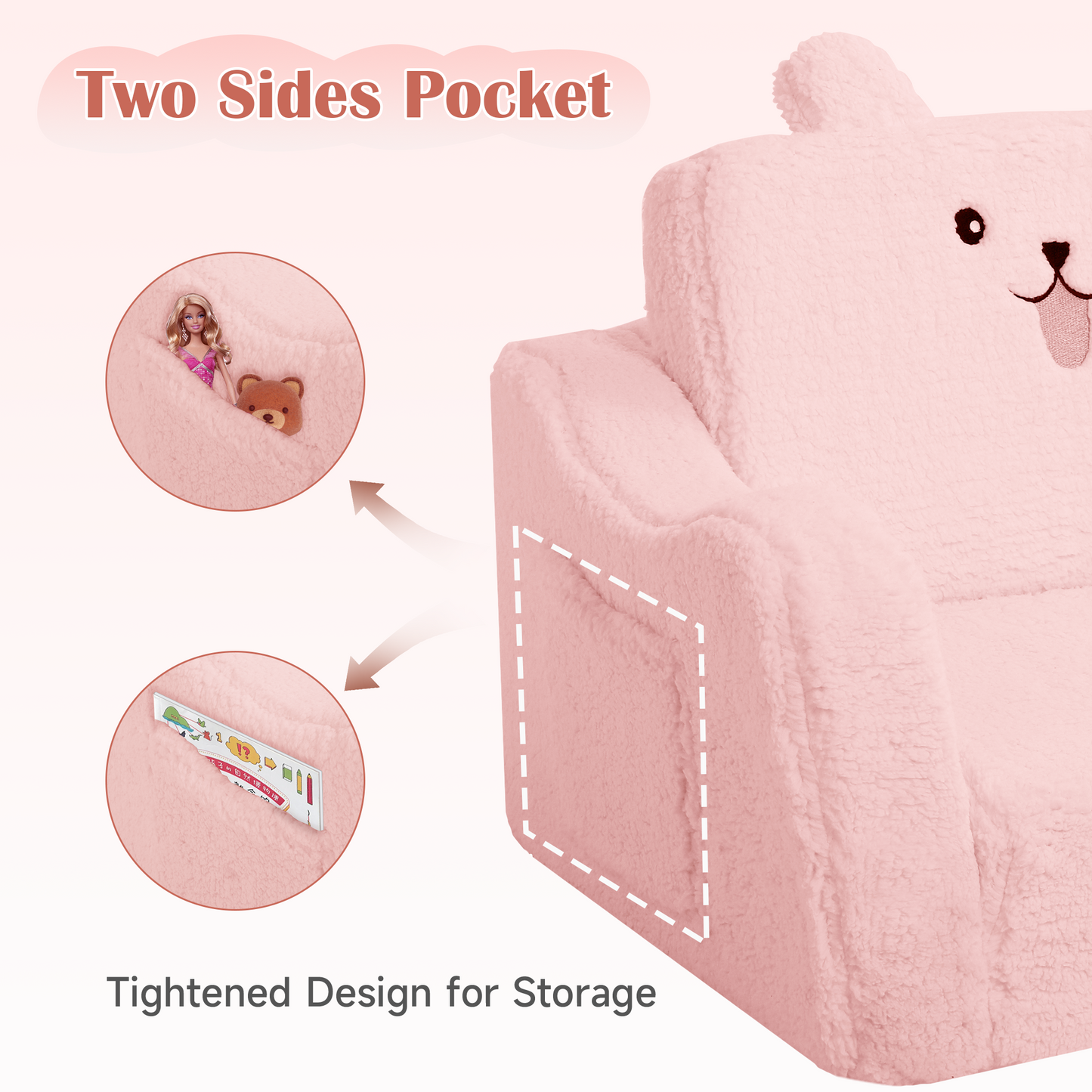 AILEEKISS Toddler Sofa, Foldable Kids Sofa Couch, Convertible Baby Lounger Chair for Playroom, Pink