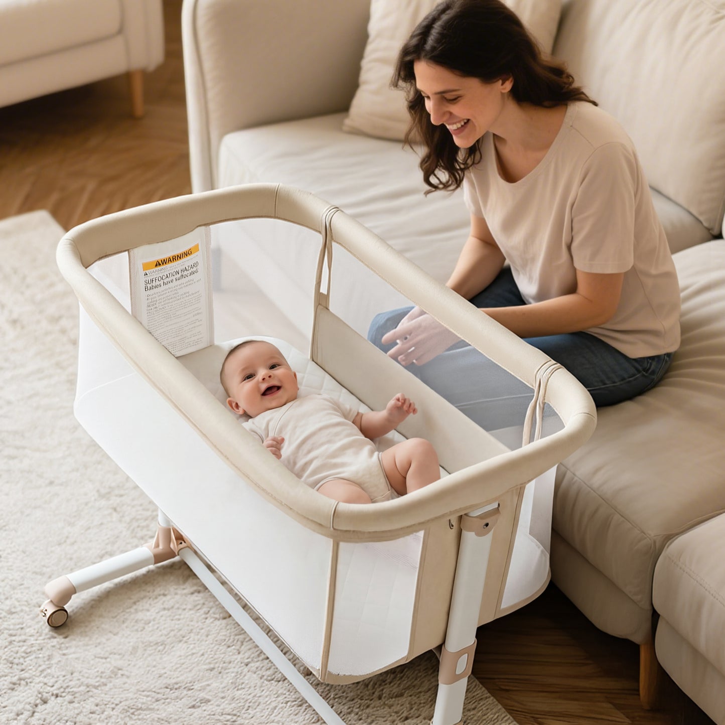 AILEEKISS Baby Bassinet Bedside Sleeper, Height Adjustable Newborn Baby Bassinet with Wheels, Beige