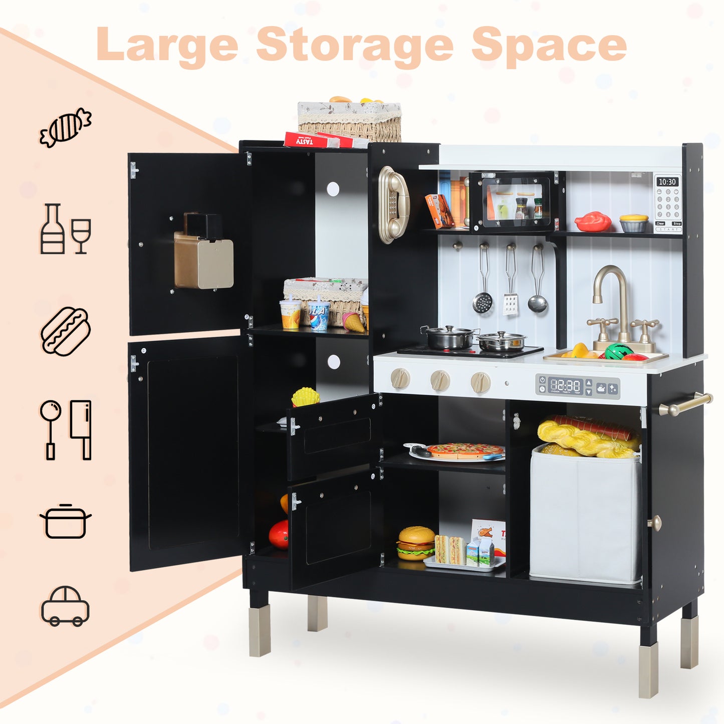 AILEEKISS Wood Kids Play Kitchen, Pretend Toy Kitchen Playset for Children with Sounds, Black