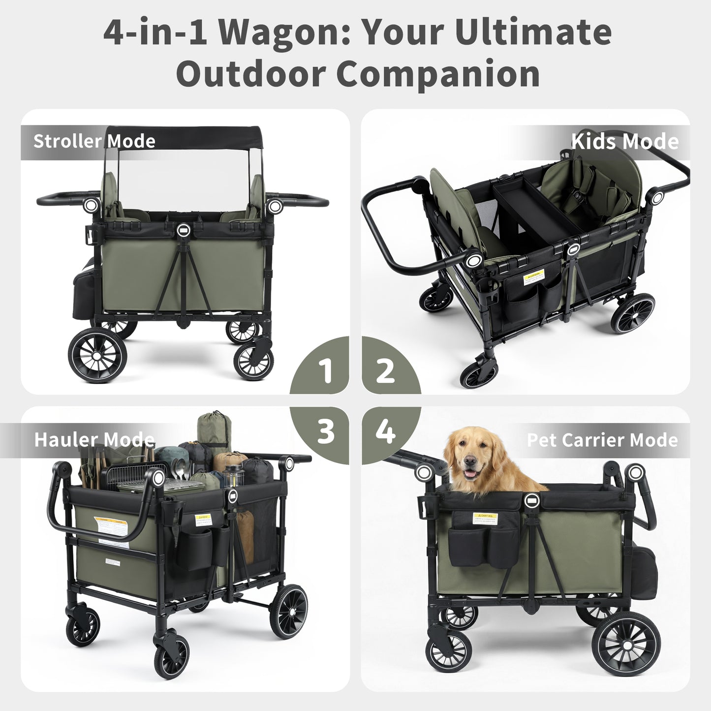 AILEEKISS Wagon Stroller for 4 Toddlers, 4-in-1 Baby Wagon with Canopy, 59 Pounds, Green