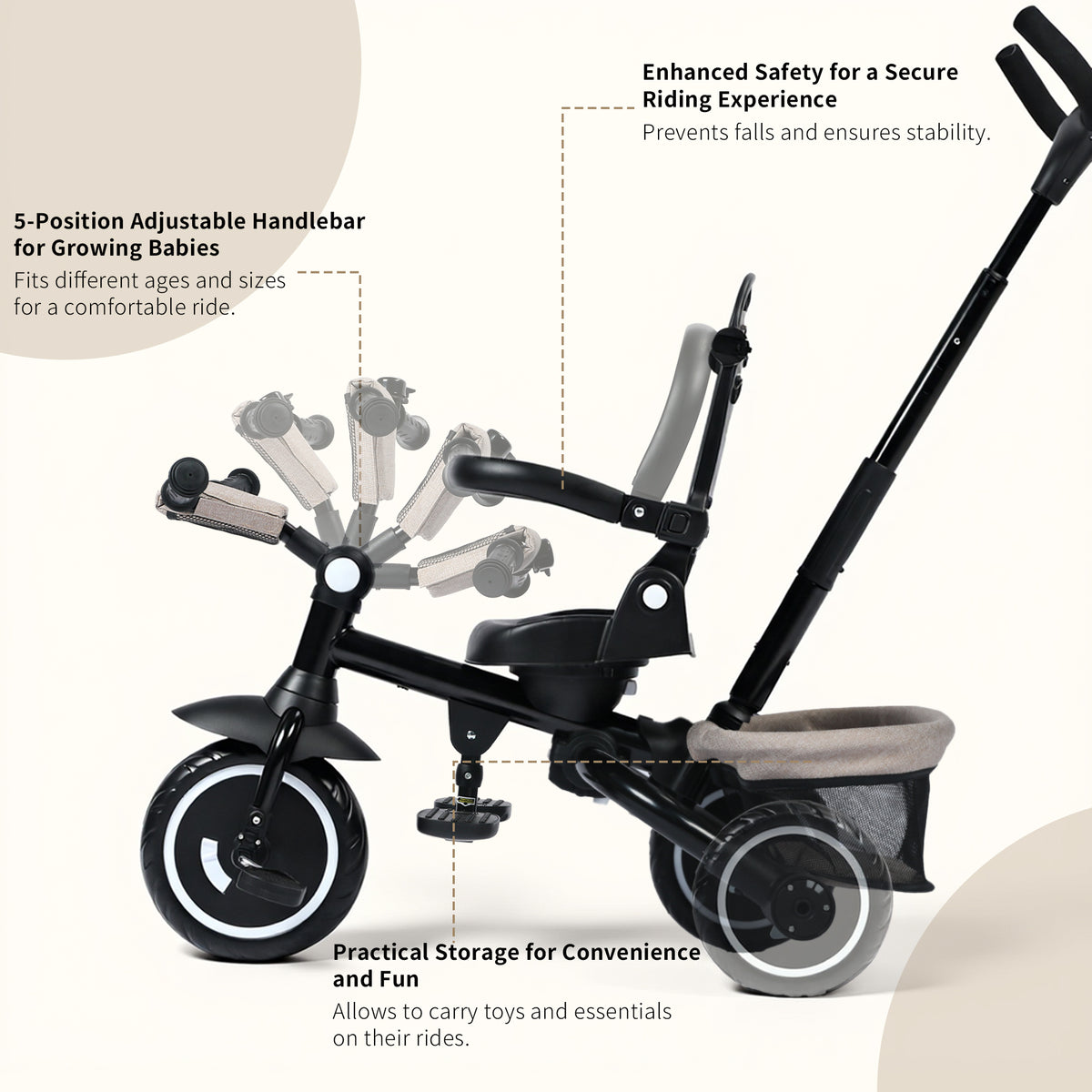 AILEEKISS 7-in-1 Kids' Tricycle with Push Handle, Foldable Trike Bicycles for Kids 1-5 Years, Khaki
