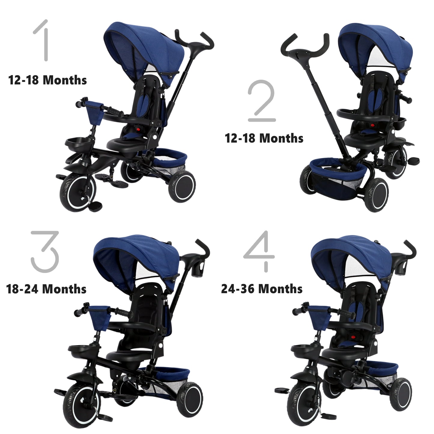 AILEEKISS 8-in-1 Kids' Tricycle Stroller, Folding Toddler Bicycle Unisex Ride Trike 1-6 Years, Blue