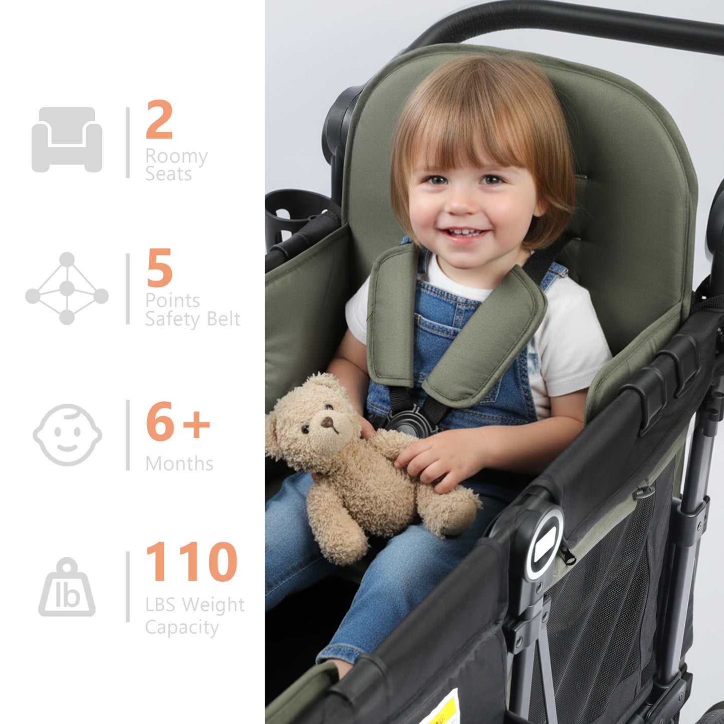 AILEEKISS Stroller Wagon for 2 Toddlers with Canopy, All-Terrain Baby Wagon Stroller,55 Pounds, Green