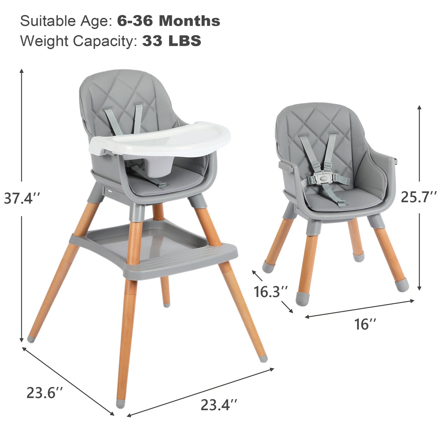 AILEEKISS 7 in 1 Wooden Baby High Chair Infant Feeding Chair with Removable Tray