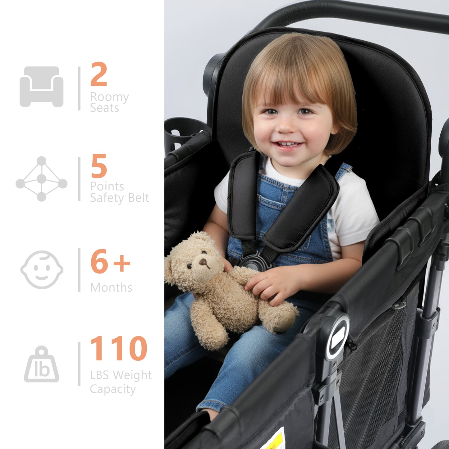 AILEEKISS Stroller Wagon for 2 Toddlers with Canopy, All-Terrain Baby Wagon Stroller, 55 Pounds, Black