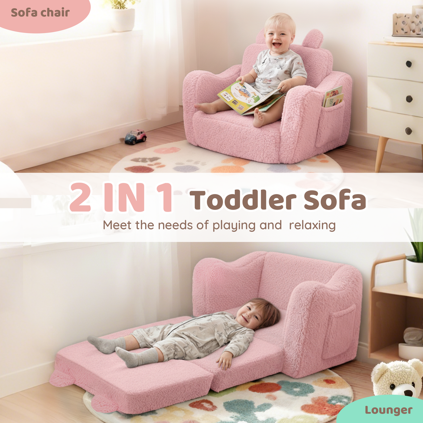 AILEEKISS Toddler Sofa, Foldable Kids Sofa Couch, Convertible Baby Lounger Chair for Playroom, Pink