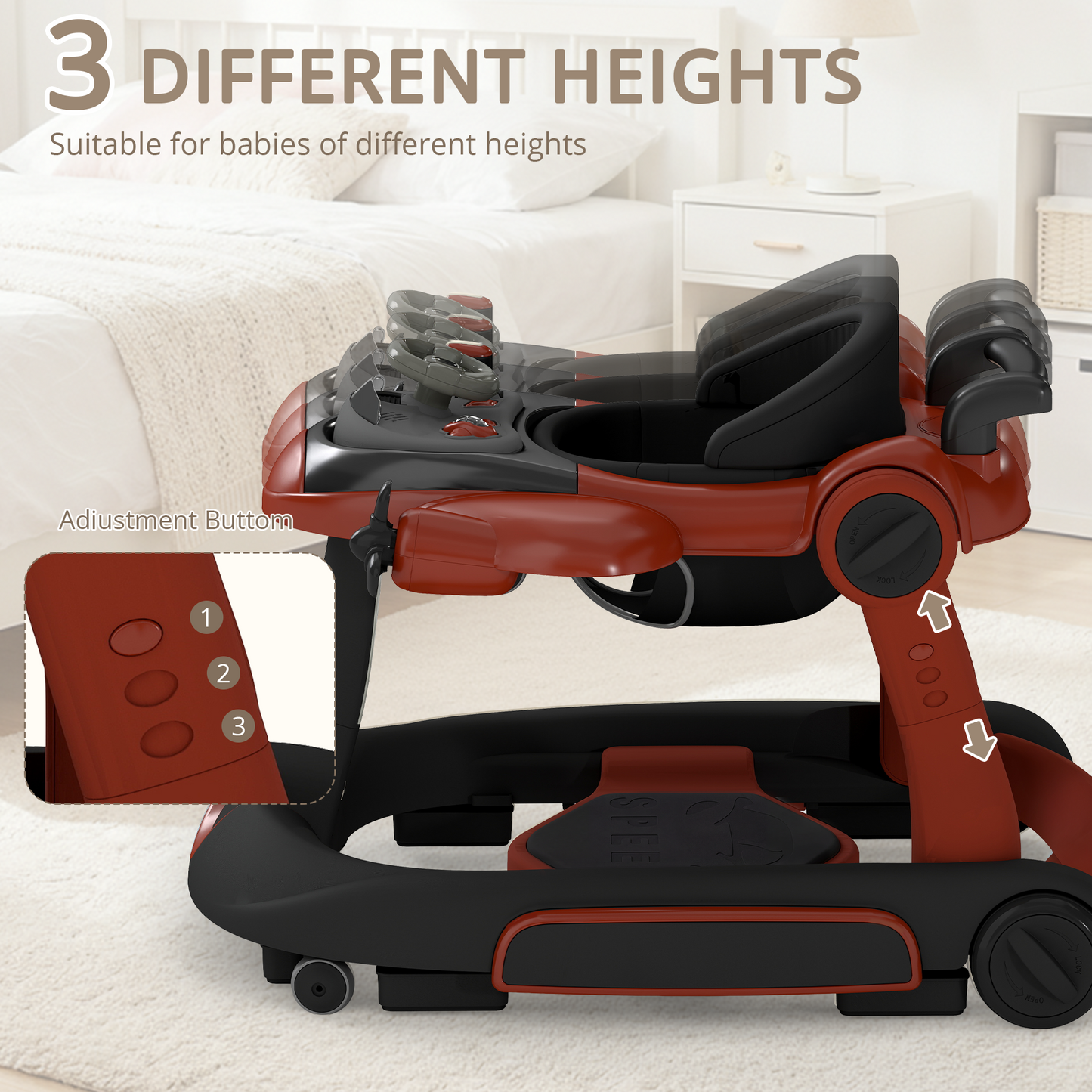 AILEEKISS 5-in-1 Musical Baby Walker with Wheels, Foldable Baby Walker for Boys Girls, Red