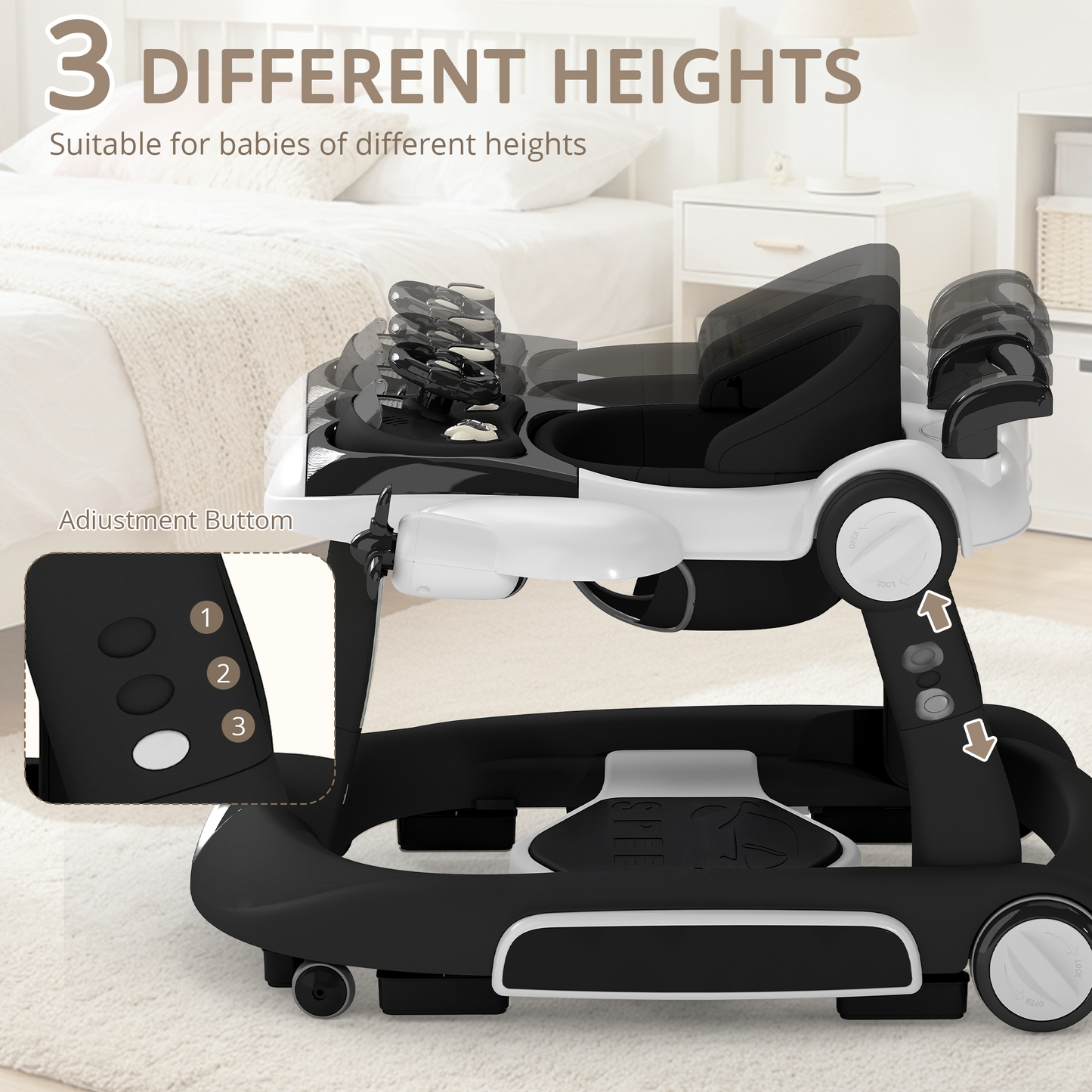 AILEEKISS 5-in-1 Musical Baby Walker with Wheels, Foldable Baby Walker for Boys Girls, Black