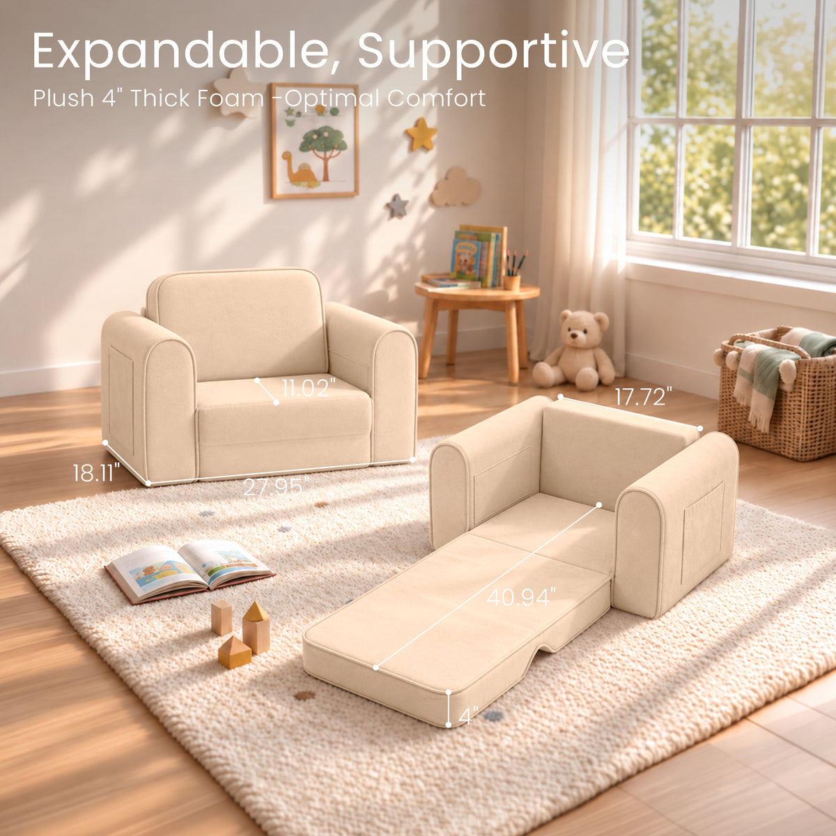 AILEEKISS 2-in-1 Toddler Sofa Chair, Foldable Kids Couch Flip Open Bed for Playroom, Beige