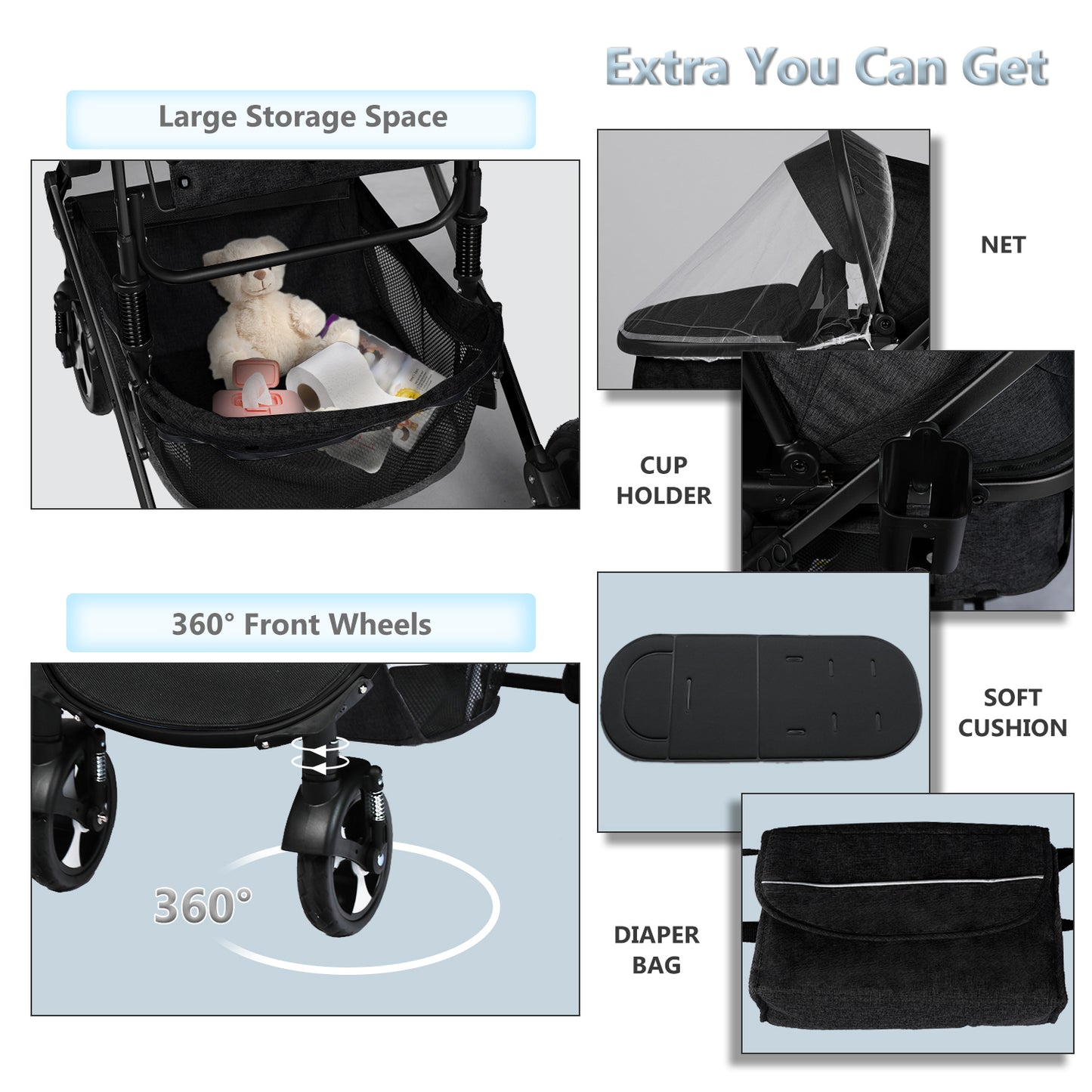 2 in 1 Convertible Baby Stroller, Unisex Folding Infant Newborn Bassinet Pram, Black