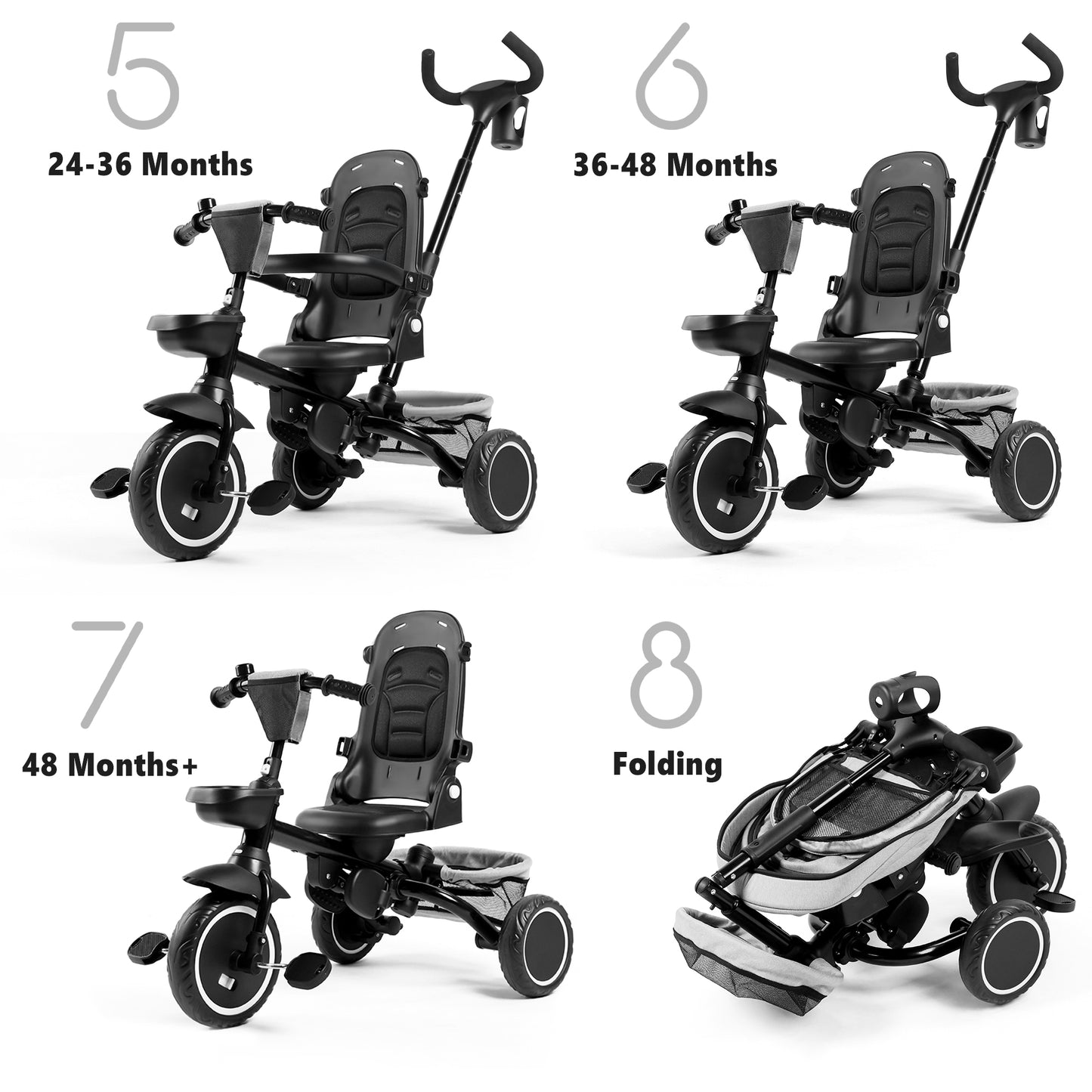 AILEEKISS 8-in-1 Kids' Tricycle Stroller, Folding Toddler Bicycle Unisex Ride Trike 1-6 Years, Light Grey