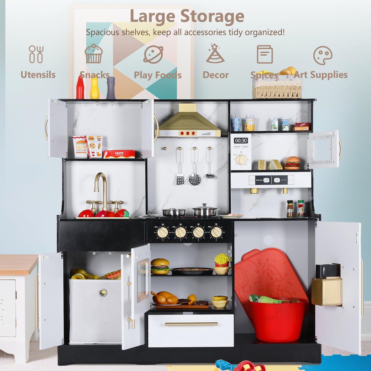 LINLUX Wooden Kids Play Kitchen, Toy Kitchen Playset For Toddler, Realistic Kitchen Sets Baby,Black