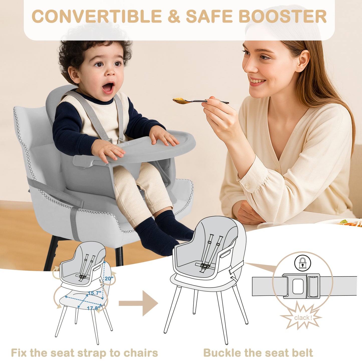 AILEEKISS 8 in 1 Baby High Chair, Toddler Dining Booster Seat for Eating, Light grey