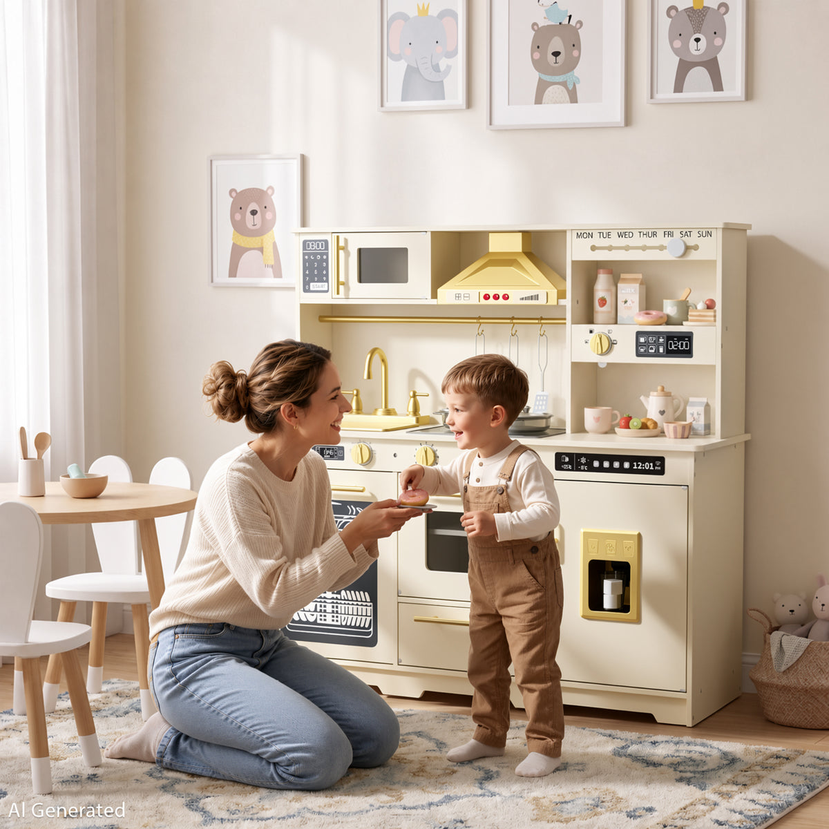 AILEEKISS Kids Toy Kitchen for Children, Pretend Kids Play Kitchen Set with Cooking Accessories, Beige