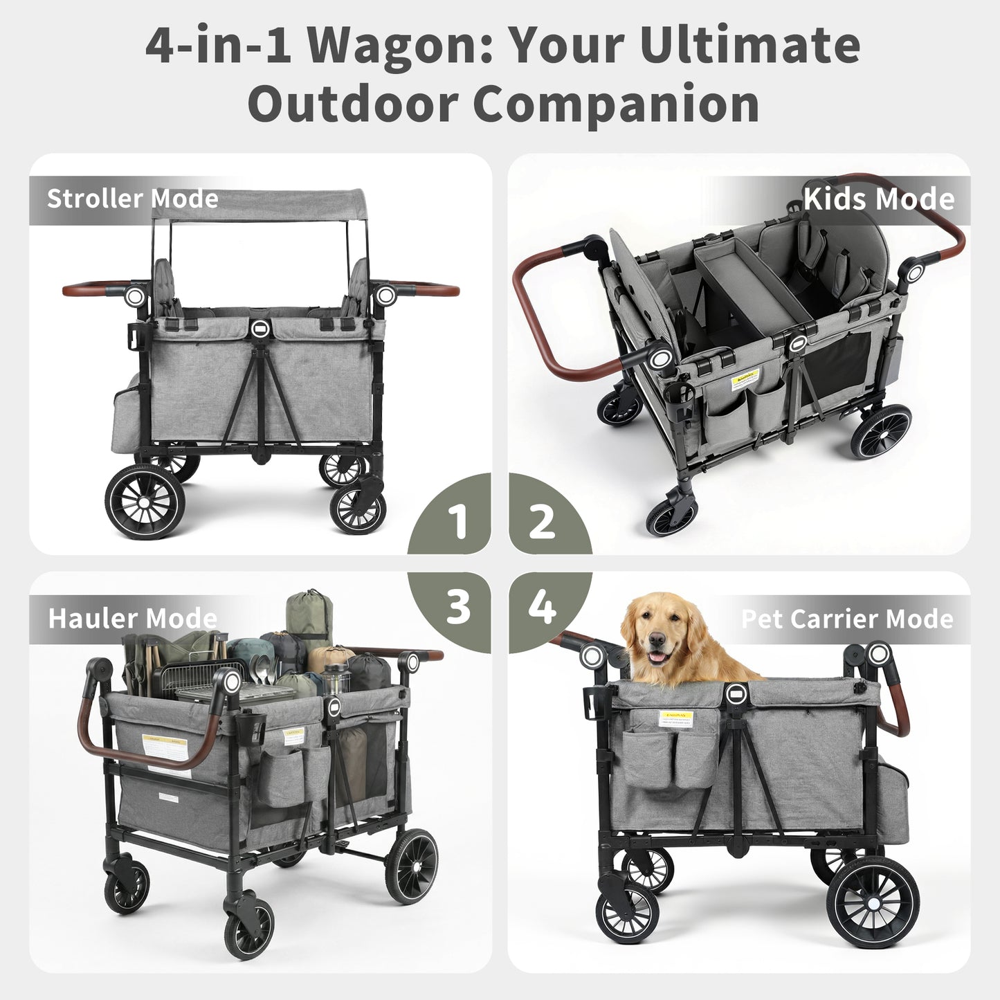 AILEEKISS Wagon Stroller for 4 Toddlers, 4-in-1 Baby Wagon with Canopy, 59 Pounds, Grey