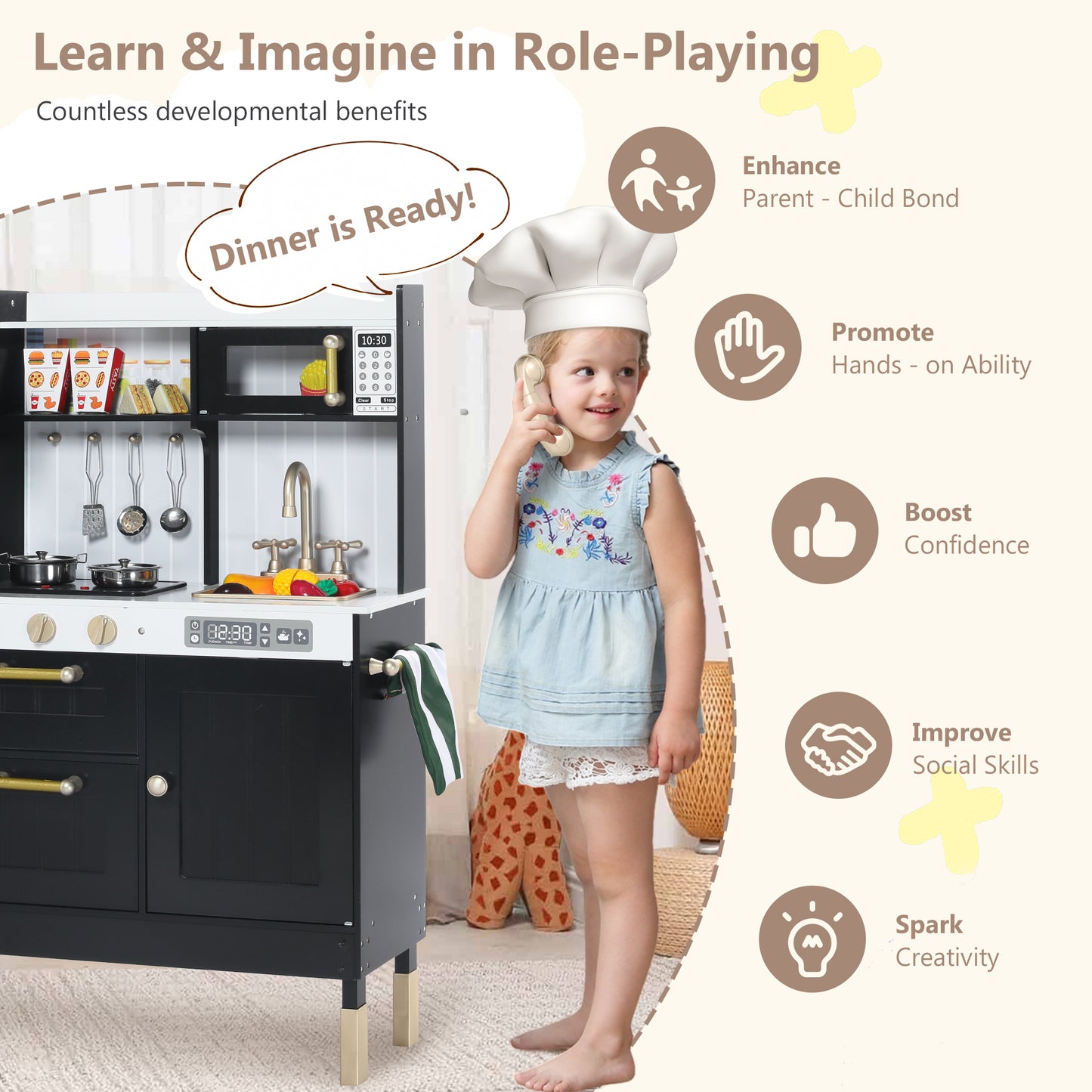 LINLUX Wooden Kids Play Kitchen, Toy Kitchen Playset For Toddler, Realistic Kitchen Sets Baby, Black