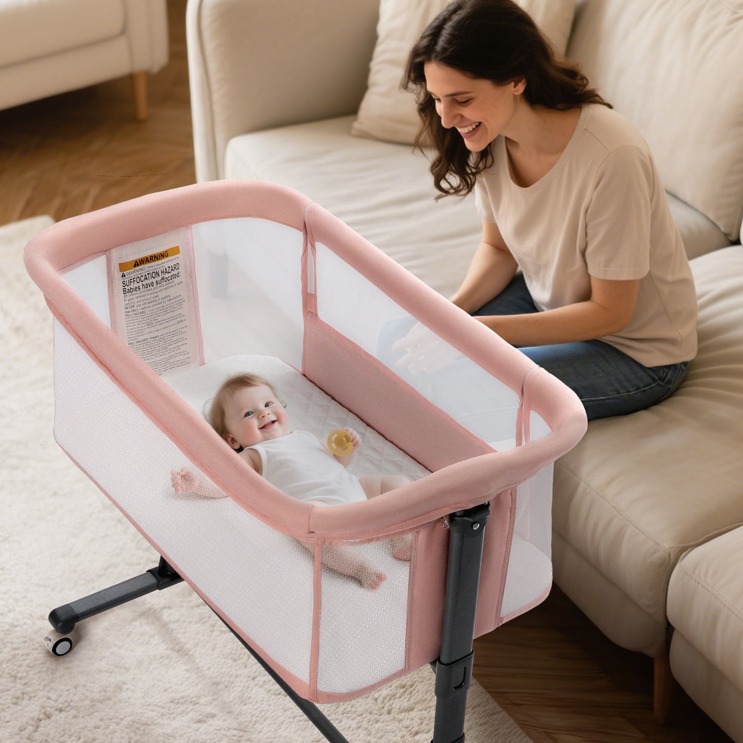 AILEEKISS Baby Bassinet Bedside Sleeper, Height Adjustable Newborn Baby Bassinet with Wheels, Pink