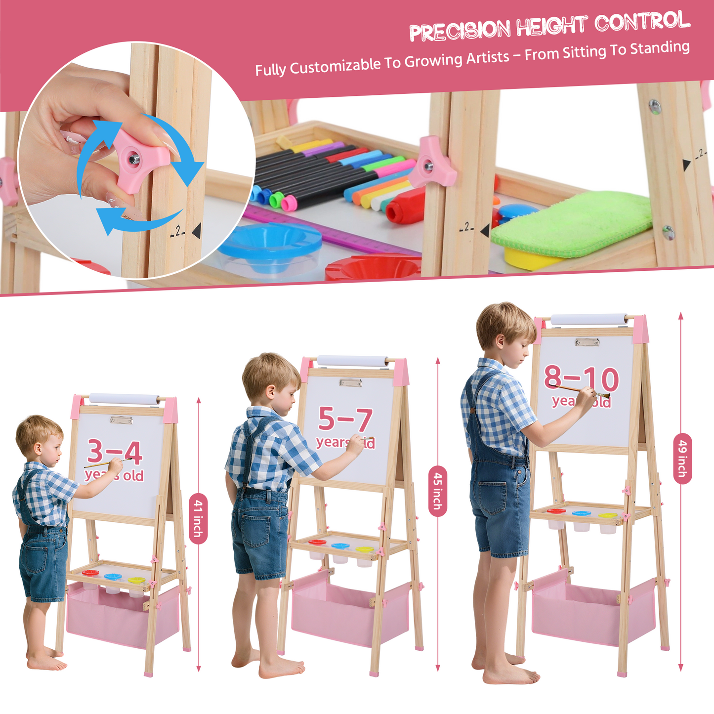 AILEEKISS Kids Art Easel Double-Sided Art Easel with Whiteboard and Chalkboard for Painting Pink