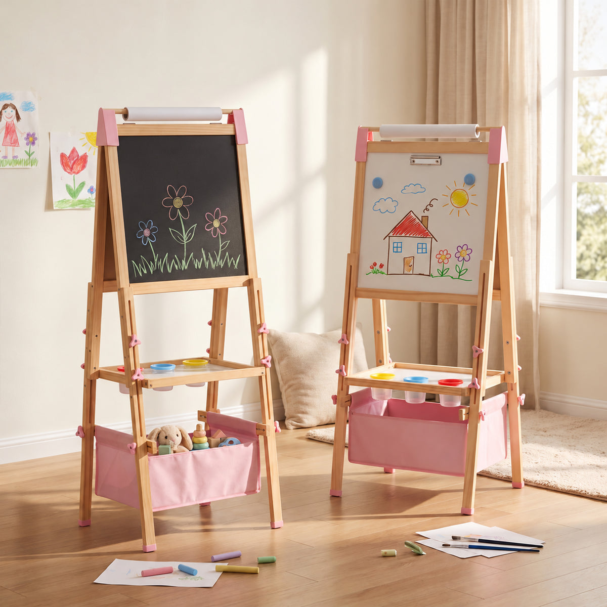 AILEEKISS Kids Art Easel Double-Sided Art Easel with Whiteboard and Chalkboard for Painting, Pink