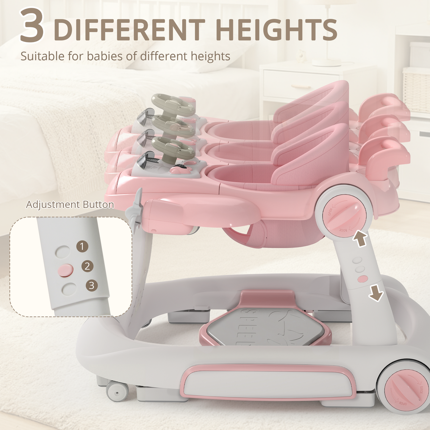 AILEEKISS 5-in-1 Musical Baby Walker with Wheels, Foldable Baby Walker for Boys Girls, Pink& Beige