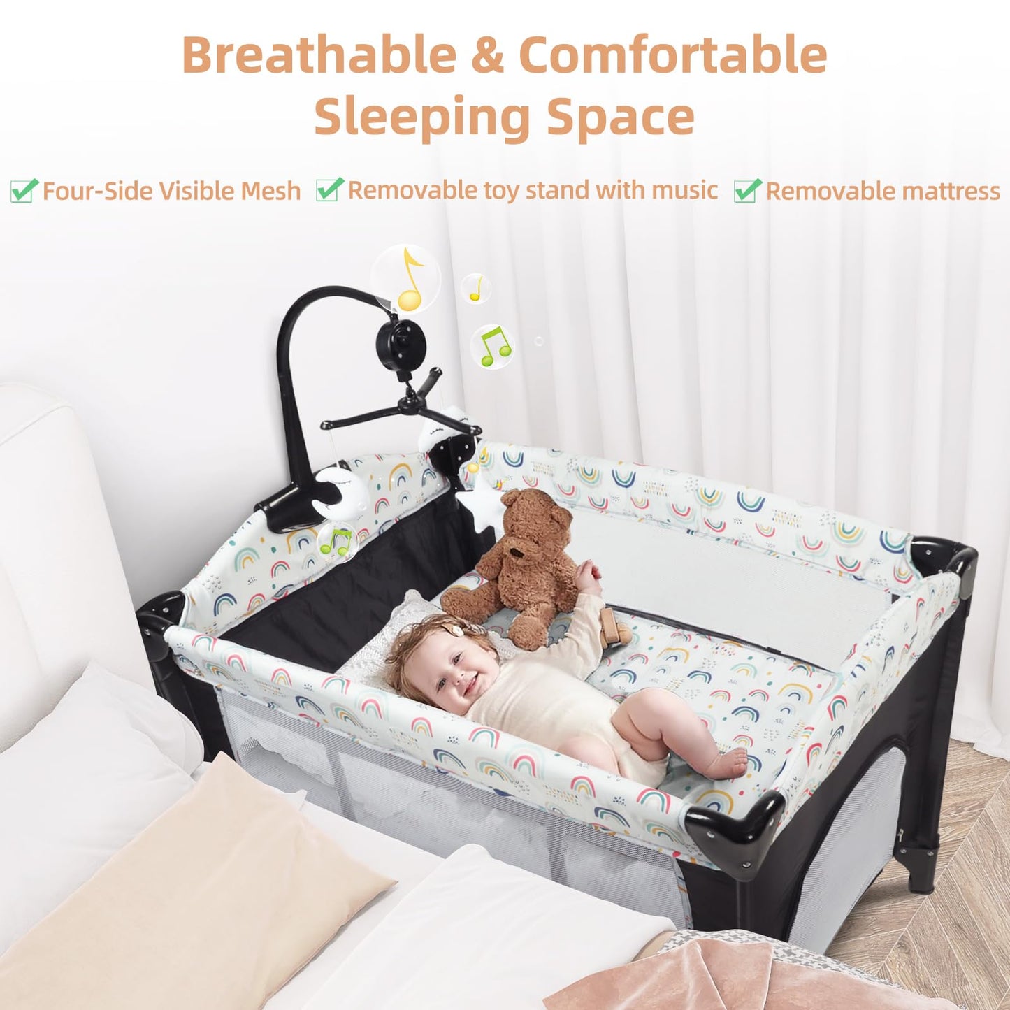 LINLUX Foldable Baby Bedside Crib Bassinet, Infant Pack and Play Playard, Newborn Playpen Changing Table, Multicolor