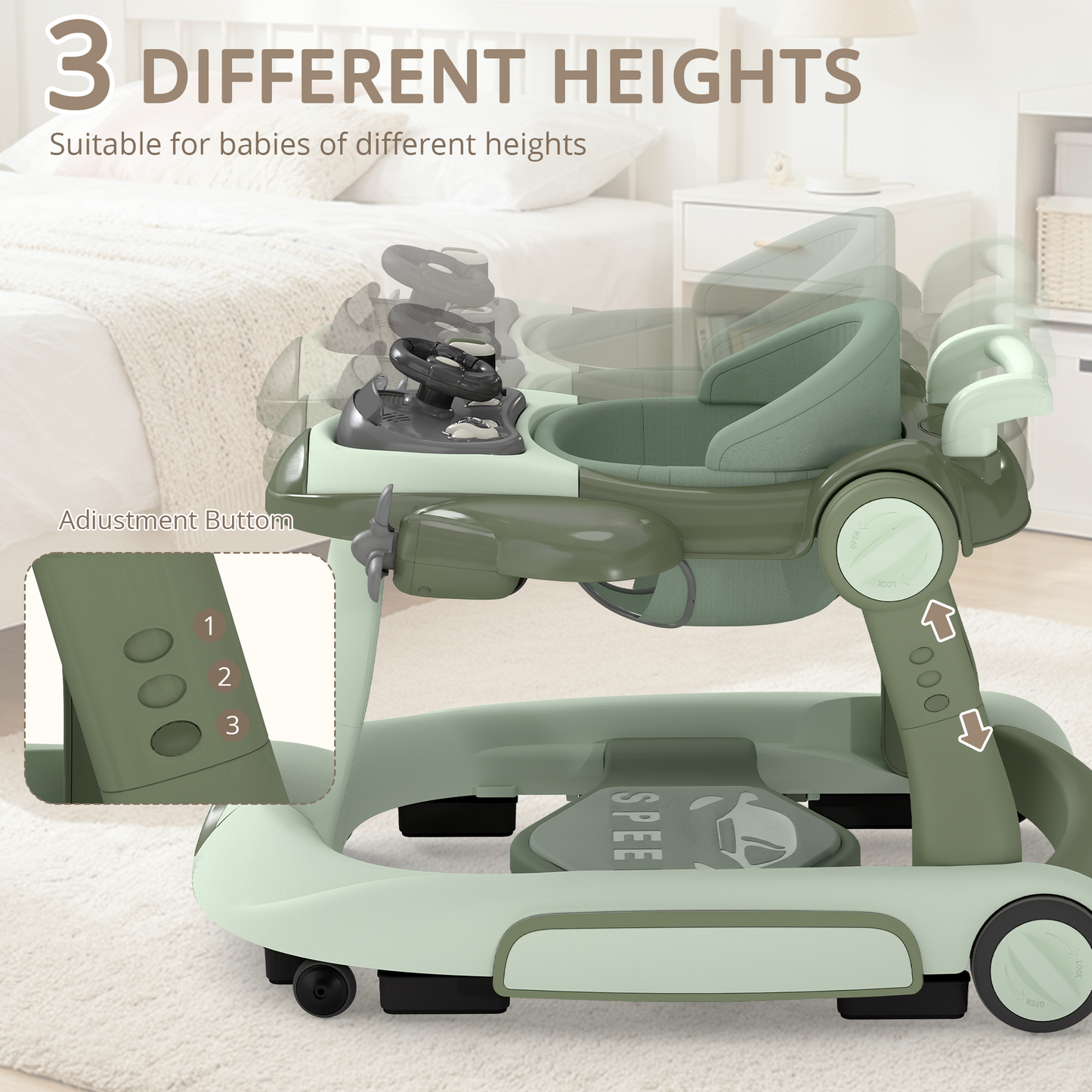 AILEEKISS 5-in-1 Musical Baby Walker with Wheels, Foldable Baby Walker for Boys Girls, Green