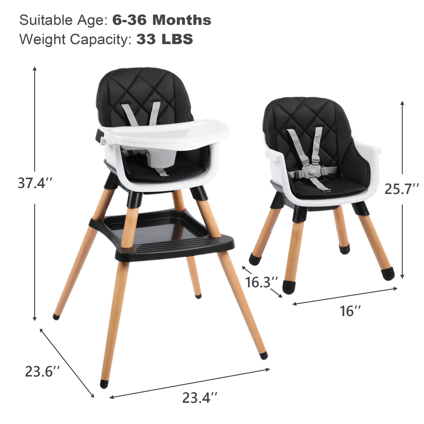 AILEEKISS 7 in 1 Wooden Baby High Chair Infant Feeding Chair with Removable Tray, Black