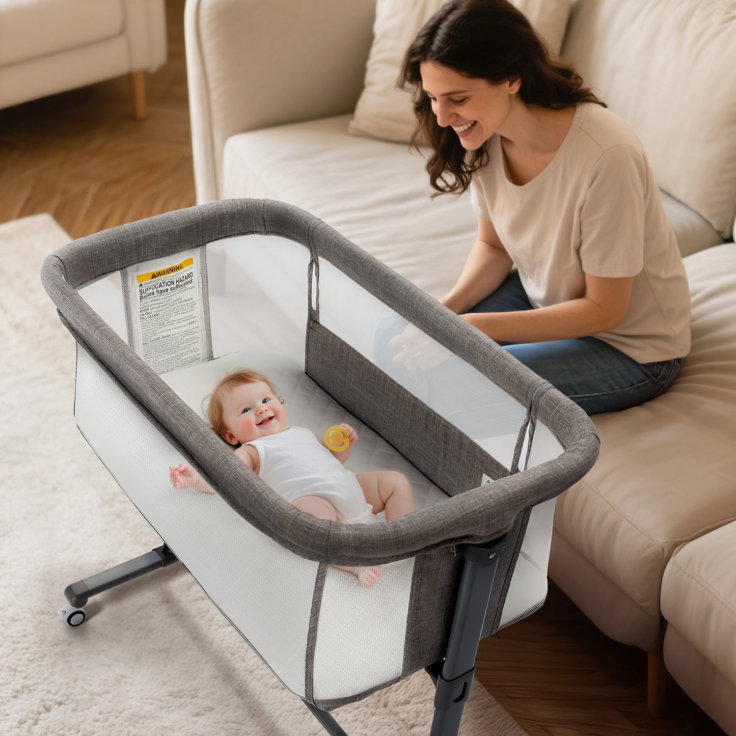 AILEEKISS Baby Bassinet Bedside Sleeper, Height Adjustable Newborn Baby Bassinet with Wheels, Grey