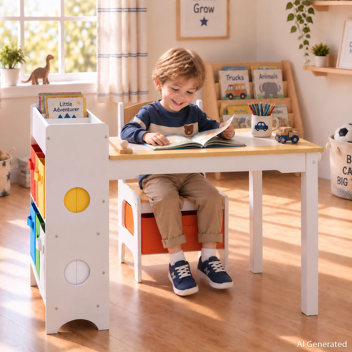 AILEEKISS Kids Table and Chair Set,Children Play Activity Desk for Drawing with 6 Drawers, Natural