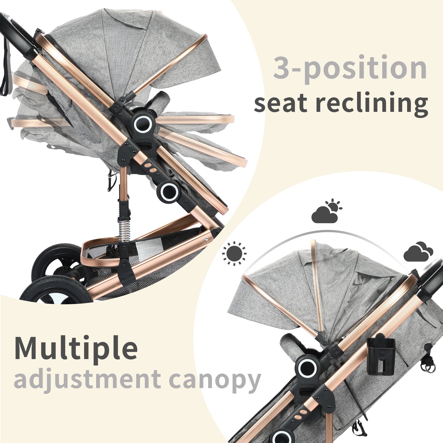 AILEEKISS 3 in 1 Convertible Baby Stroller, Unisex Folding Newborn Stroller with Big Seat, Rose Gold