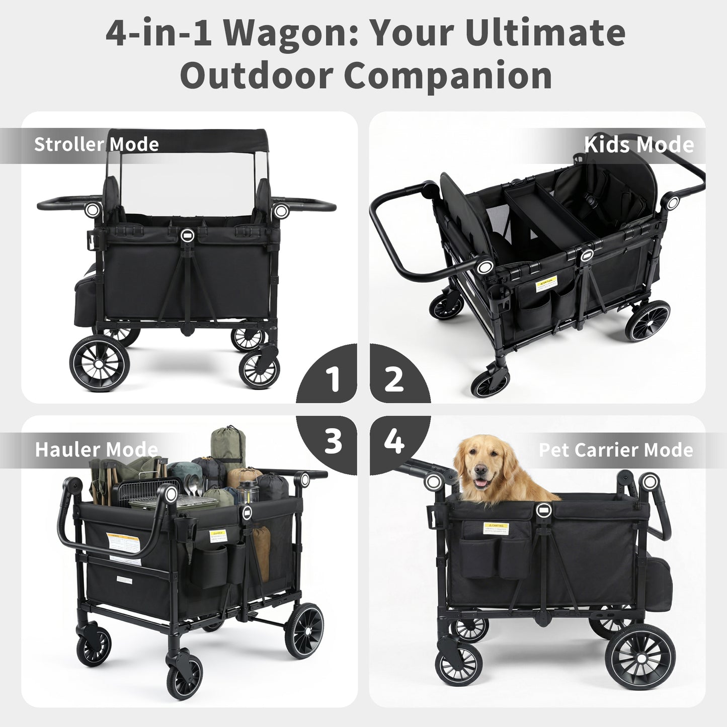 AILEEKISS Wagon Stroller for 4 Toddlers, 4-in-1 Baby Wagon with Canopy, 59 Pounds, Black