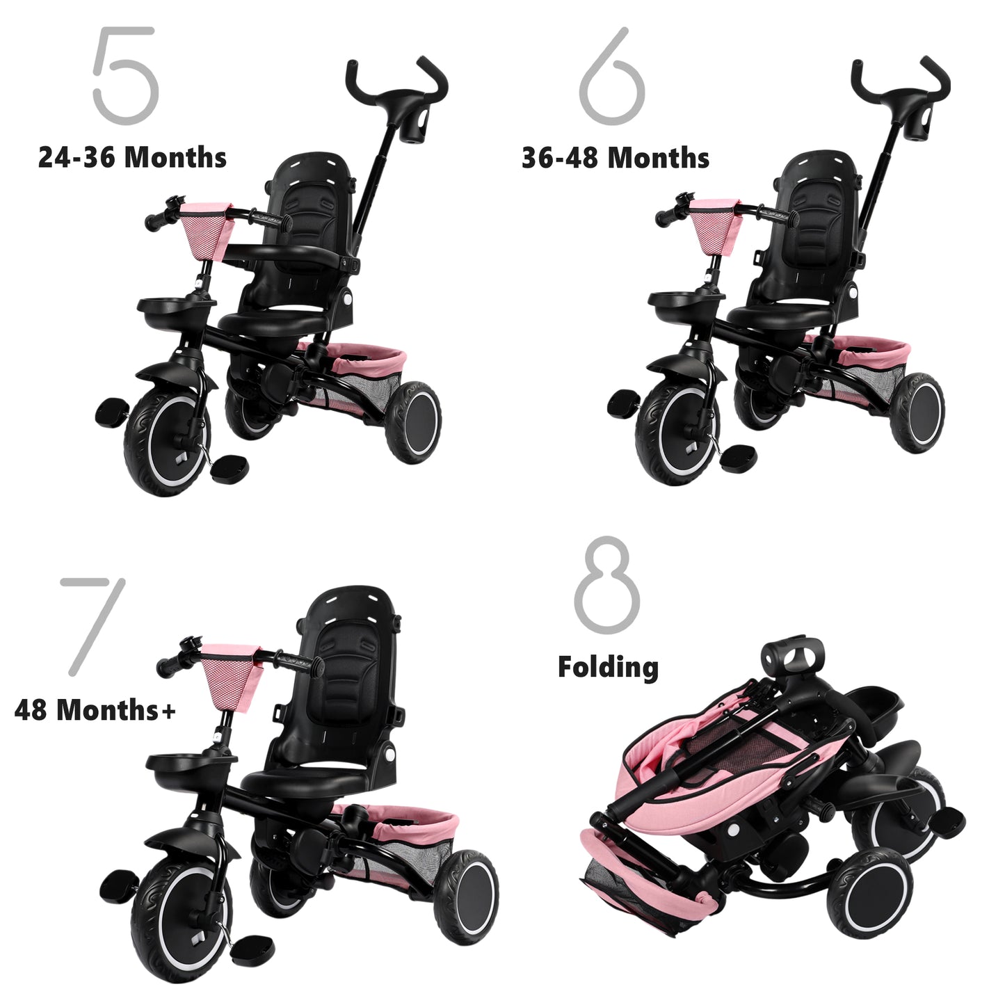 AILEEKISS 8-in-1 Kids' Tricycle Stroller, Folding Toddler Bicycle Unisex Ride Trike 1-6 Years, Pink